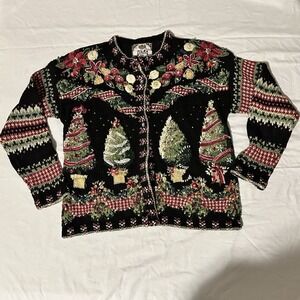 Vintage Heirloom Collectibles Cardigan Sweater Womens M Christmas Tree knit